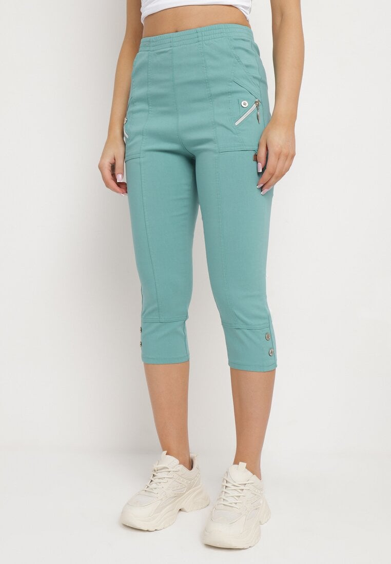 Miętowe Spodnie 3/4 z Elastyczną Gumką w Pasie i Suwakami Leazira