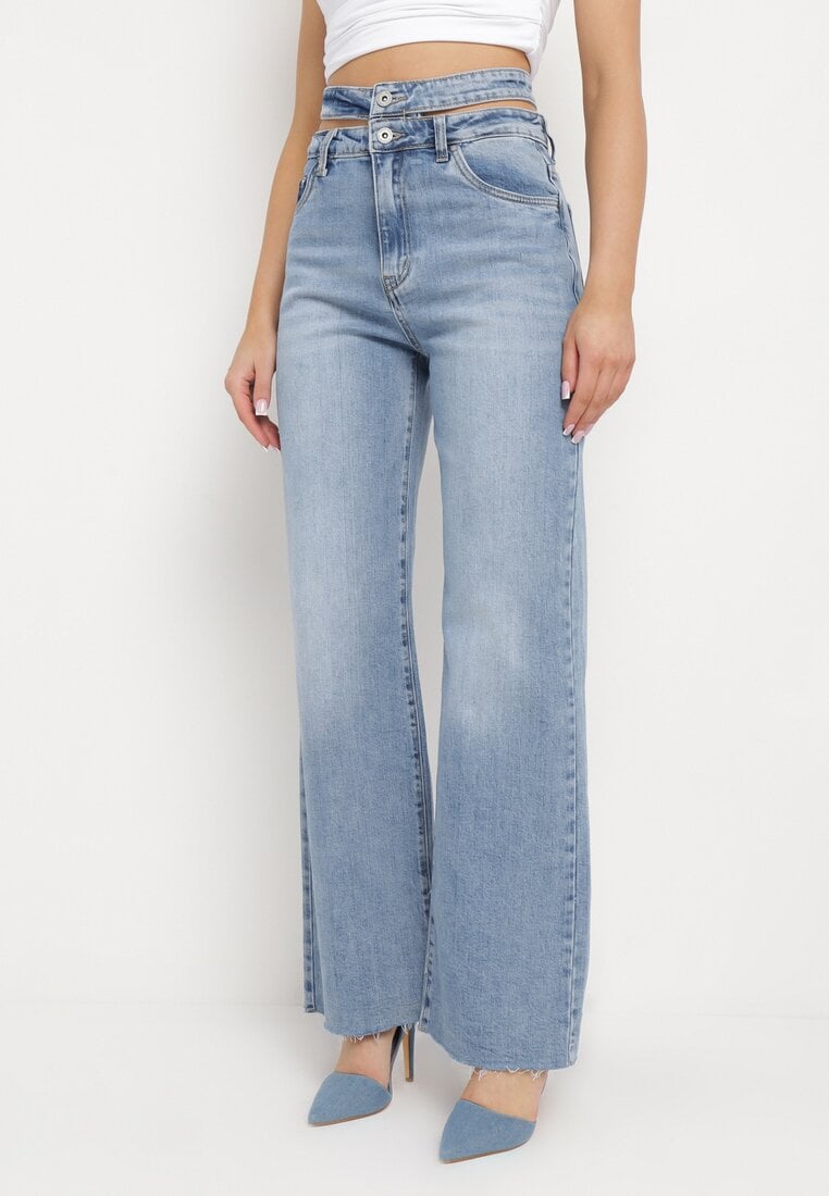 Jasnoniebieskie Szerokie Jeansy z Wysokim Stanem i Ozdobnym Paskiem Akkamme