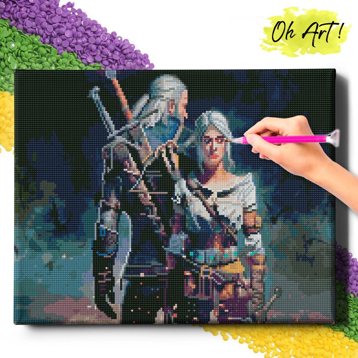 DIAMOND PAINTING 5D z RAMĄ Filmy Haft Diamentowy Duży Wiedźmin Heralt i Ciri 40x50 cm