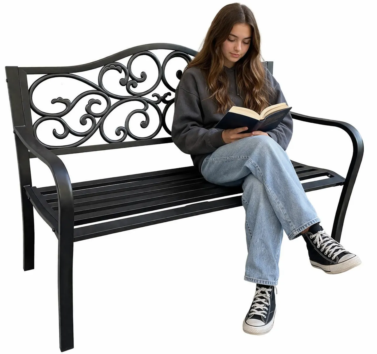 ELIOR Czarna metalowa ławka z oparciem F2-T36