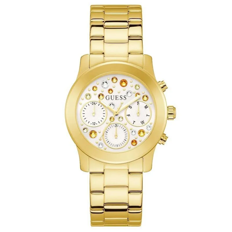 Złoty zegarek damski Guess Fantasia z ozdobioną tarczą GW0559L2