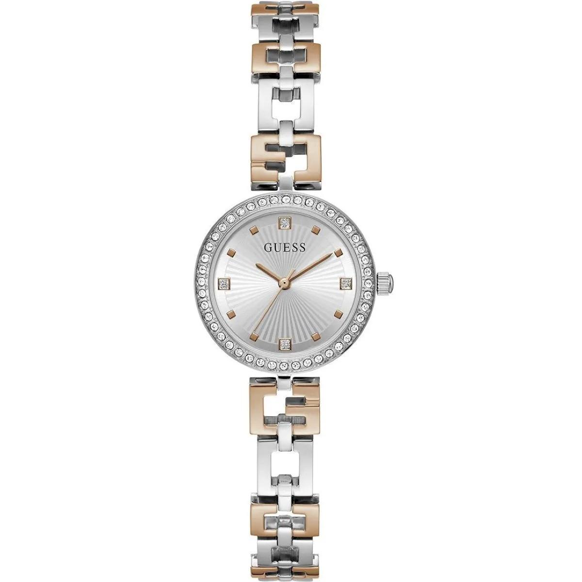 Elegancki srebrno-różowozłoty zegarek damski Guess Lady G z bransoletką GW0656L2