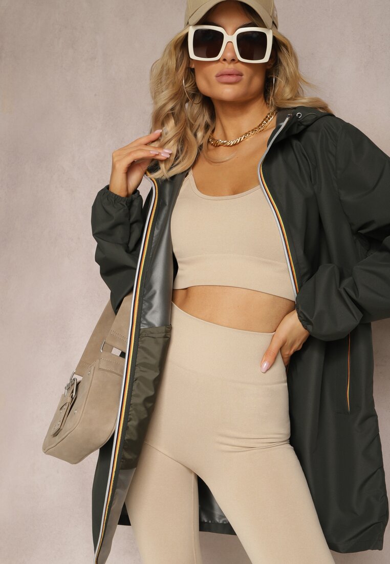 Ciemnozielona Kurtka Długa Wiatrówka z Nieodpinanym Kapturem Liodesa