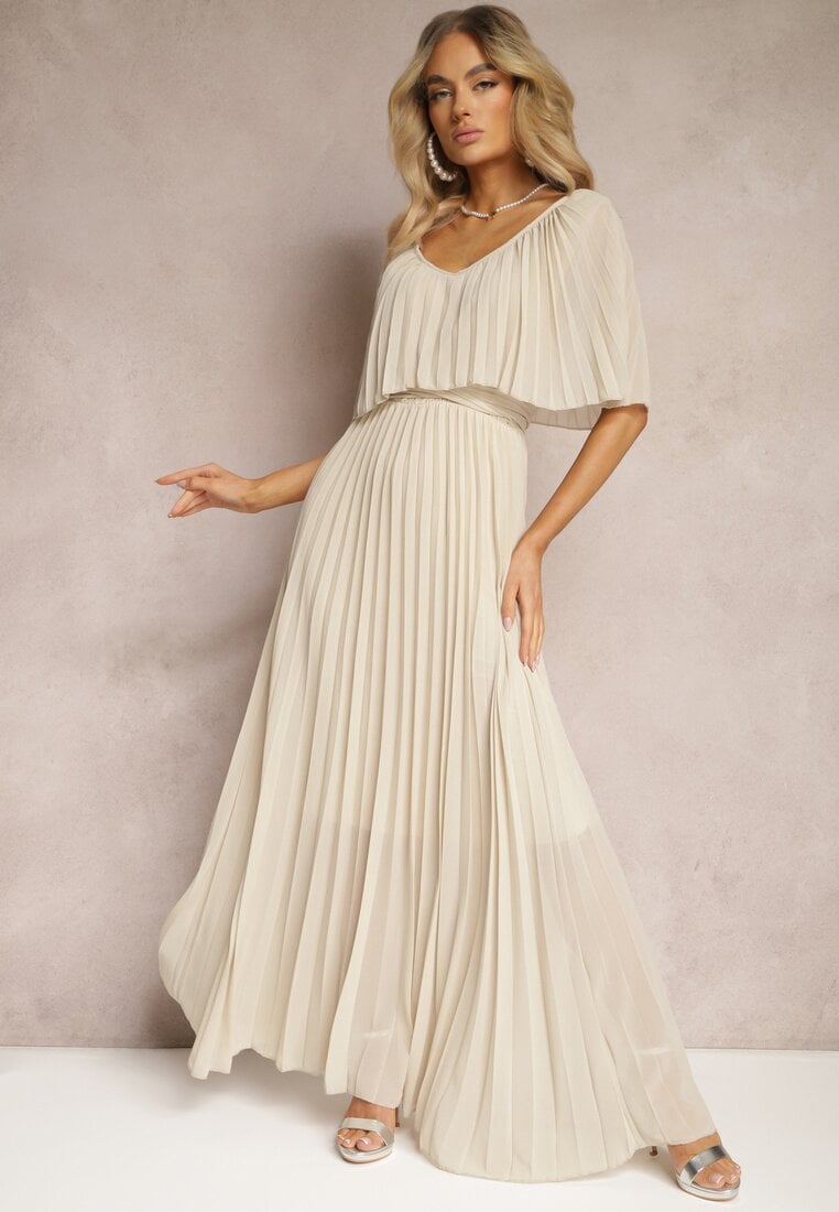 Beżowa Plisowana Sukienka z Gumką w Pasie z Falbaną Przy Dekolcie Drenia