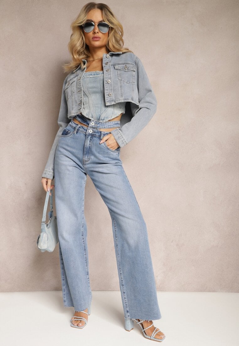 Jasnoniebieskie Szerokie Jeansy High Waist z Wycięciami Leorrio