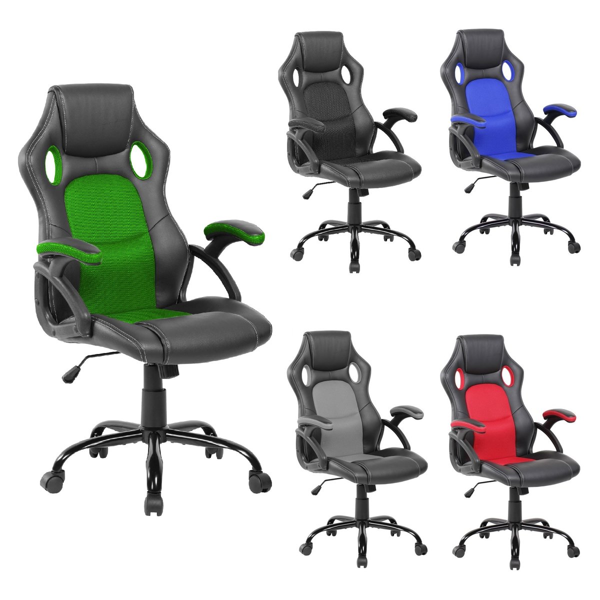 Rebecca Mobili Siedzisko Biurowe, Fotel Skóra Syntetyczna Nylon, Czarny Zielony, Ergonomiczny Kształt