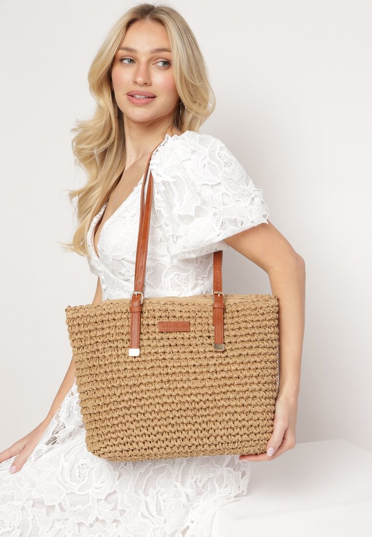 Ciemnobeżowa Torebka Shopper z Plecionki z Rączkami z Ekoskóry Buxara