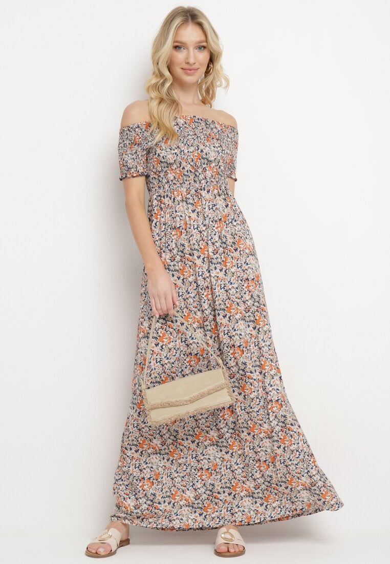 Granatowa Sukienka Hiszpanka Długa z Bawełny w Kwiatowy Print Mrosa