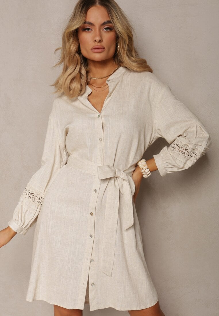 Beżowa Sukienka Koszula z Haftowanym Rękawem Wiązana w Pasie Passacalia
