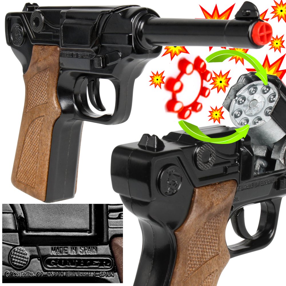 GONHER Hiszpański Metalowy Pistolet Parabellum LUGER Na Kapiszony 8-Strzałowy