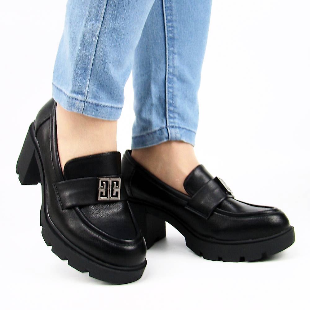 JEZZI RMR23108-2 damskie półbuty na słupku wkładka skóra czarne