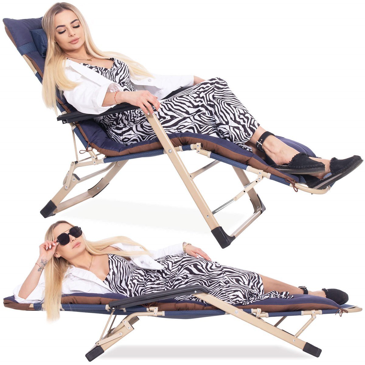 Leżak, fotel ogrodowy składany z podnóżkiem i poduszką granatowy