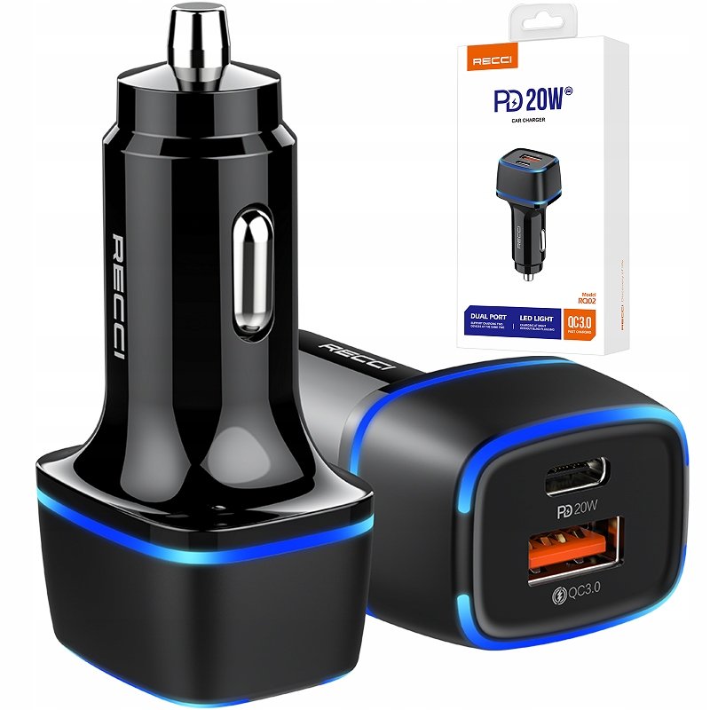 ŁADOWARKA SAMOCHODOWA LED USB i USB-C 20W PD QC 3.0 3A DO ZAPALNICZKI RECCI