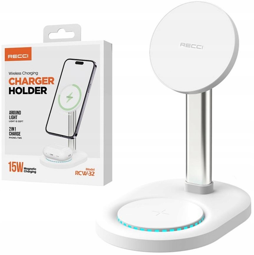 STOJAK Z ŁADOWARKA BEZPRZEWODOWA QI DO IPHONE 15 14 13 12 / SŁUCHAWEK RECCI