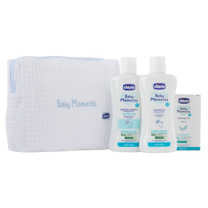 Chicco Baby Moments Blue zestaw płyn do kąpieli 200ml + szampon do włosów 200ml + delikatne mydło 100g
