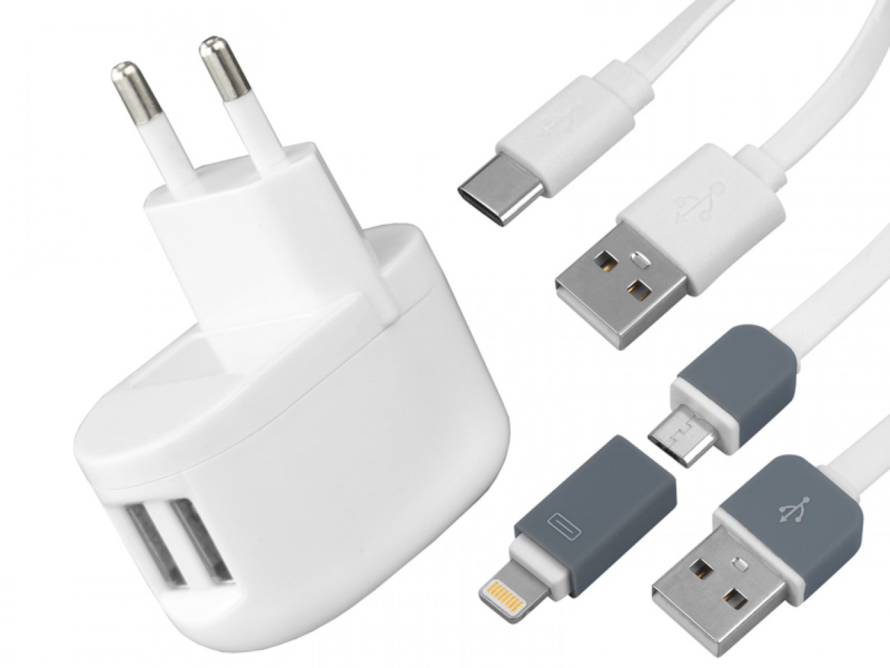 Zestaw:ładowarka  QC USB 3,6A PD 45W+kabel USB-C+kabel Micro USB/Iphone