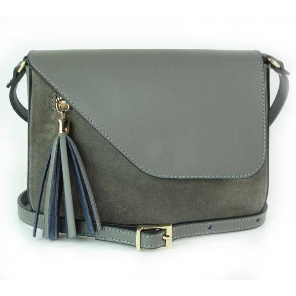 Skórzana torebka listonoszka Vera Pelle złote okucia,frędzelek, zamsz Szara VP113G