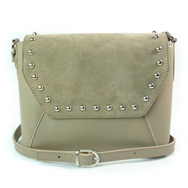 Skórzana torebka listonoszka srebrne okucia dzety zamsz beżowa VP31T