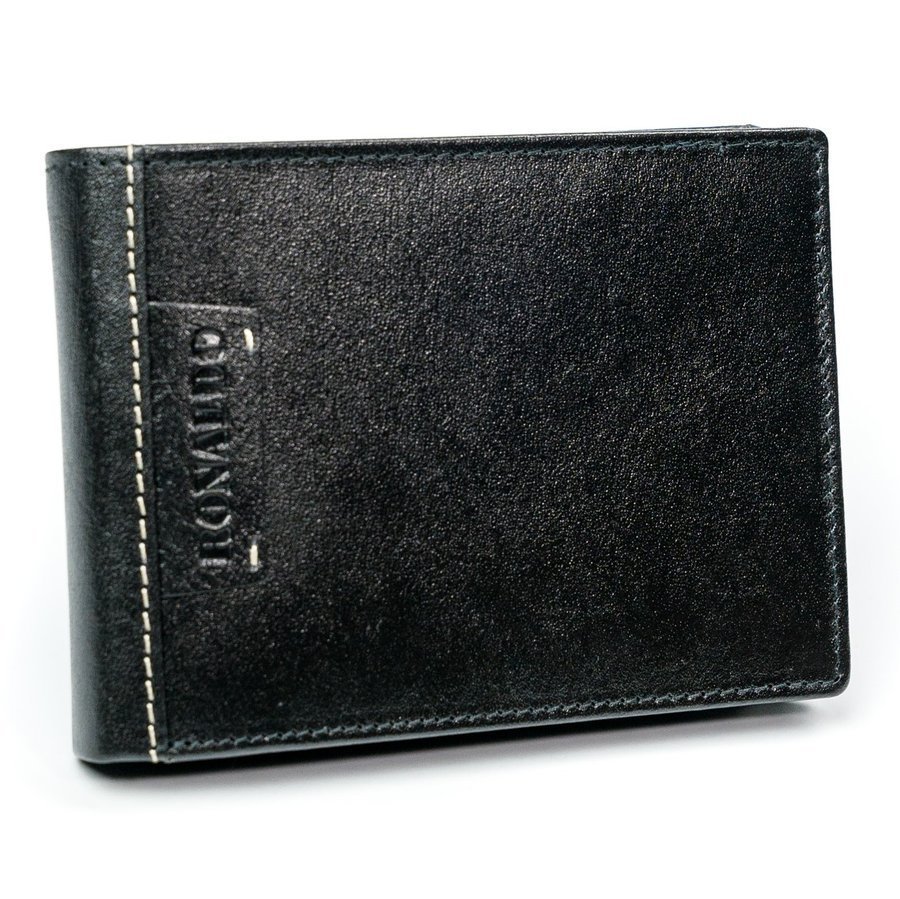 Czarny portfel męski, pionowy bez zapięcia, skóra naturalna matowa, Ronaldo