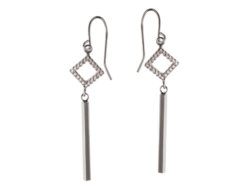 Kolczyki srebrne rodowane podłużne sztabka romb z cyrkonią k1604 - 2,7 g.