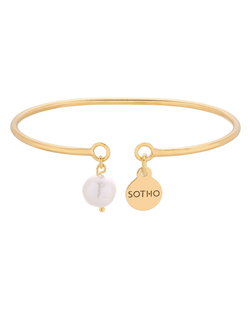 Złota sztywna bransoletka z naturalną perłą