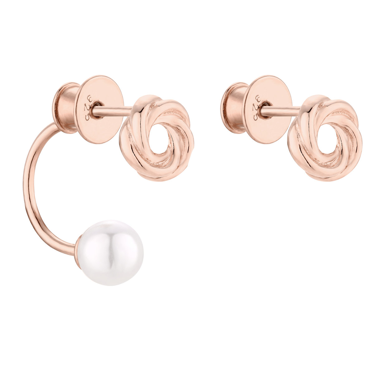 Asymetryczne kolczyki węzełki z różowego złota z perłami SWAROVSKI® CRYSTAL
