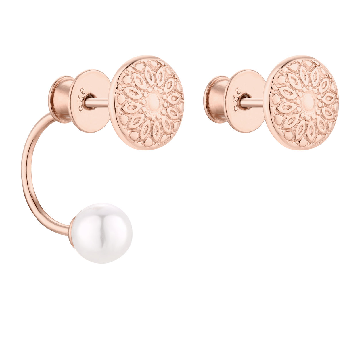 Asymetryczne kolczyki medaliony z różowego złota z perłami SWAROVSKI® CRYSTAL