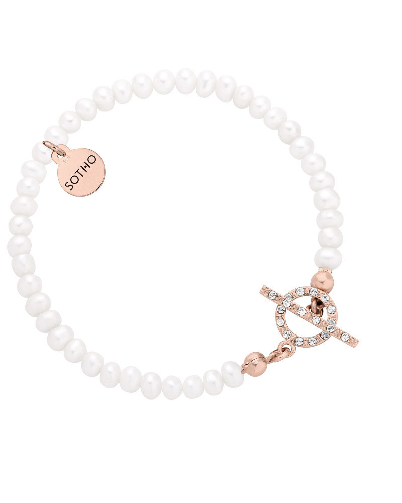 Bransoletka z różowego złota z pereł naturalnych z ozdobnym zapięciem z kryształkami SWAROVSKI® CRYSTAL