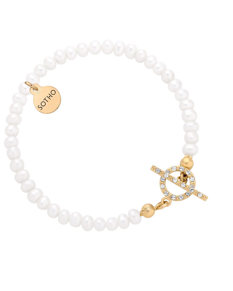 Złota bransoletka z pereł naturalnych z ozdobnym zapięciem z kryształkami SWAROVSKI® CRYSTAL
