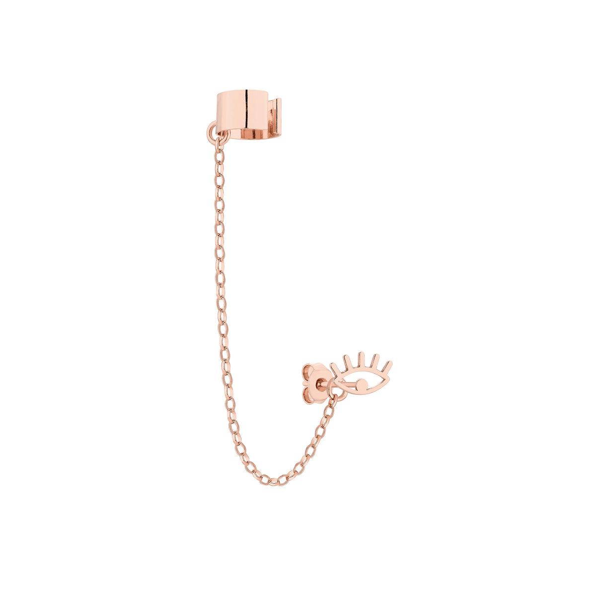 Nausznica w różowym złocie łańcuszkiem i okiem