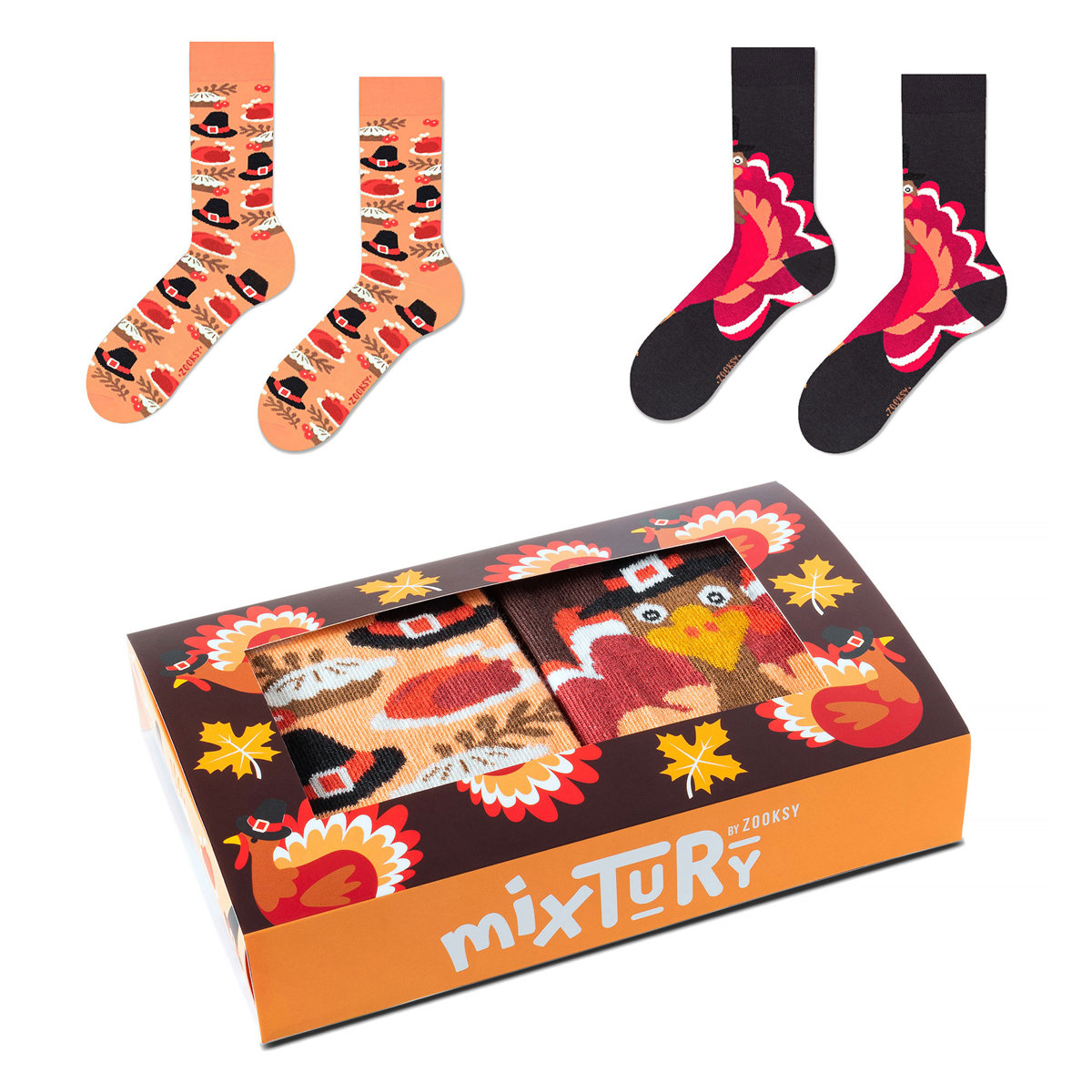 ZOOKSY kolorowe skarpetki damskie w zestawie r.36-40 2 pary, skarpetki w zwierzęta, święto dziękczynienia - mixTURY DZIĘKCZYNIENIA