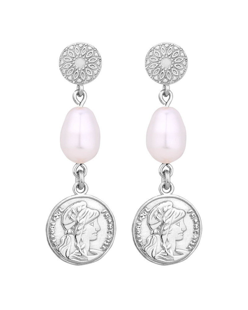 Srebrne długie kolczyki z monetami i perłami SWAROVSKI® CRYSTAL