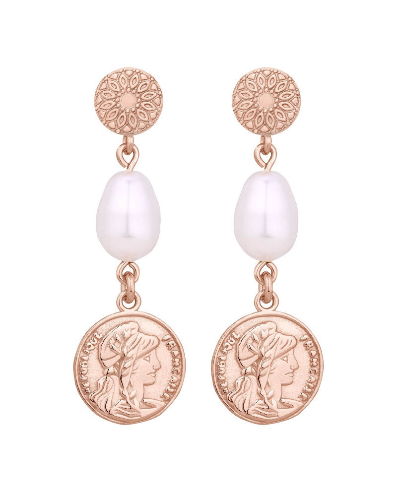 Długie kolczyki z różowego złota z monetami i perłami SWAROVSKI® CRYSTAL