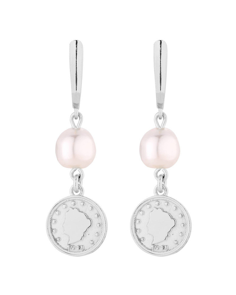 Srebrne długie kolczyki z monetami i perłami SWAROVSKI® CRYSTAL