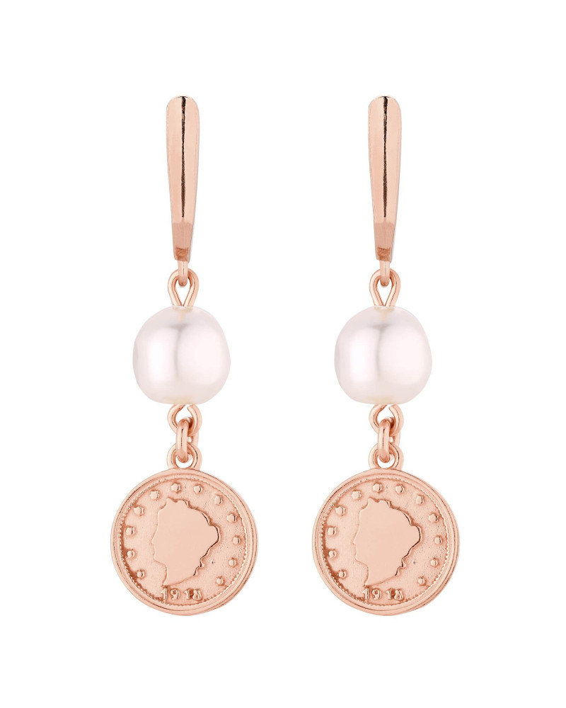 Długie kolczyki z różowego złota z monetami i perłami SWAROVSKI® CRYSTAL