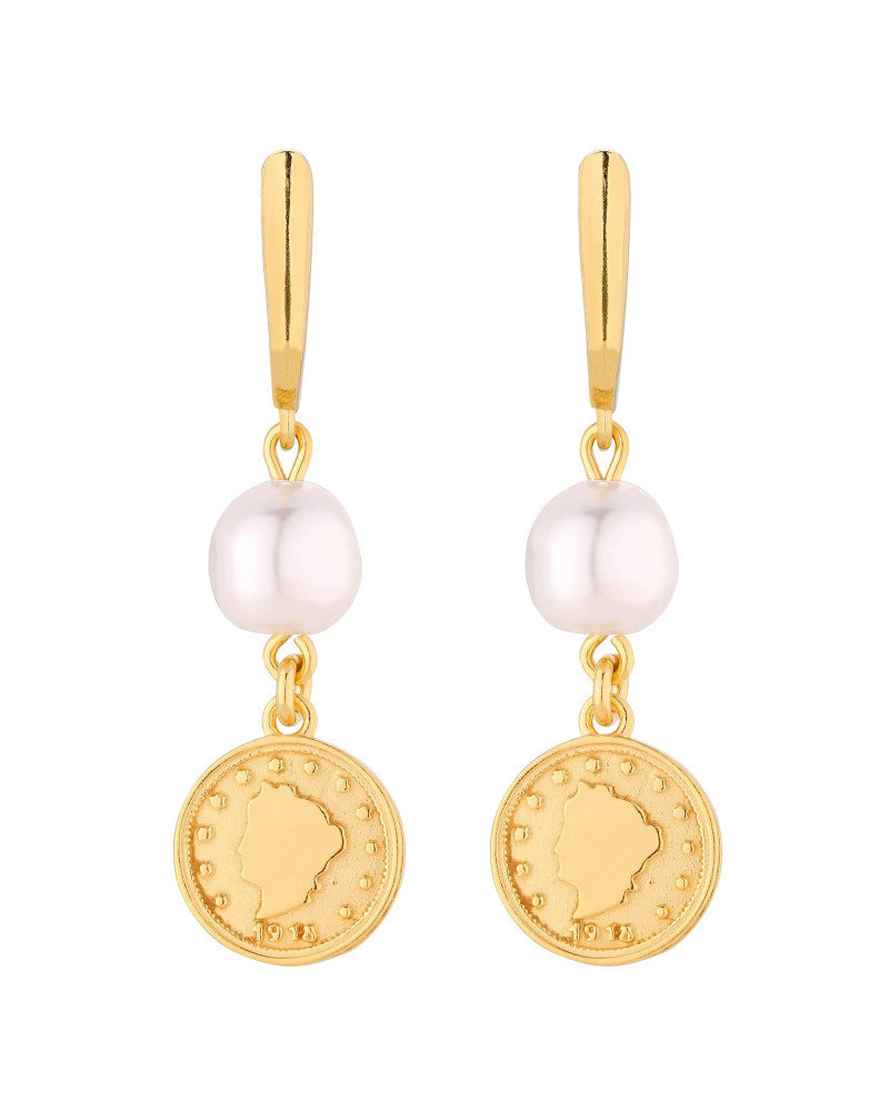 Złote długie kolczyki z monetami i perłami SWAROVSKI® CRYSTAL