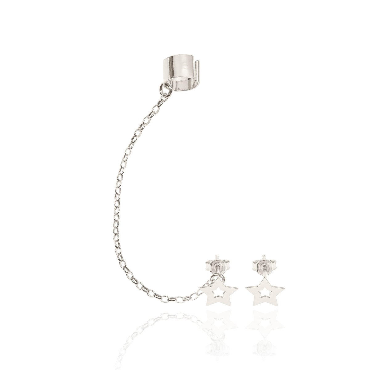 Nausznica srebrna z łańcuszkiem i kolczykami gwiazdkami