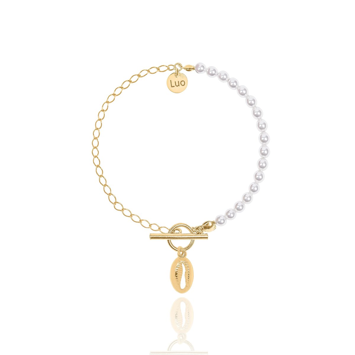 Bransoletka srebrna pozłacana z perłami i odlewaną muszelką kauri