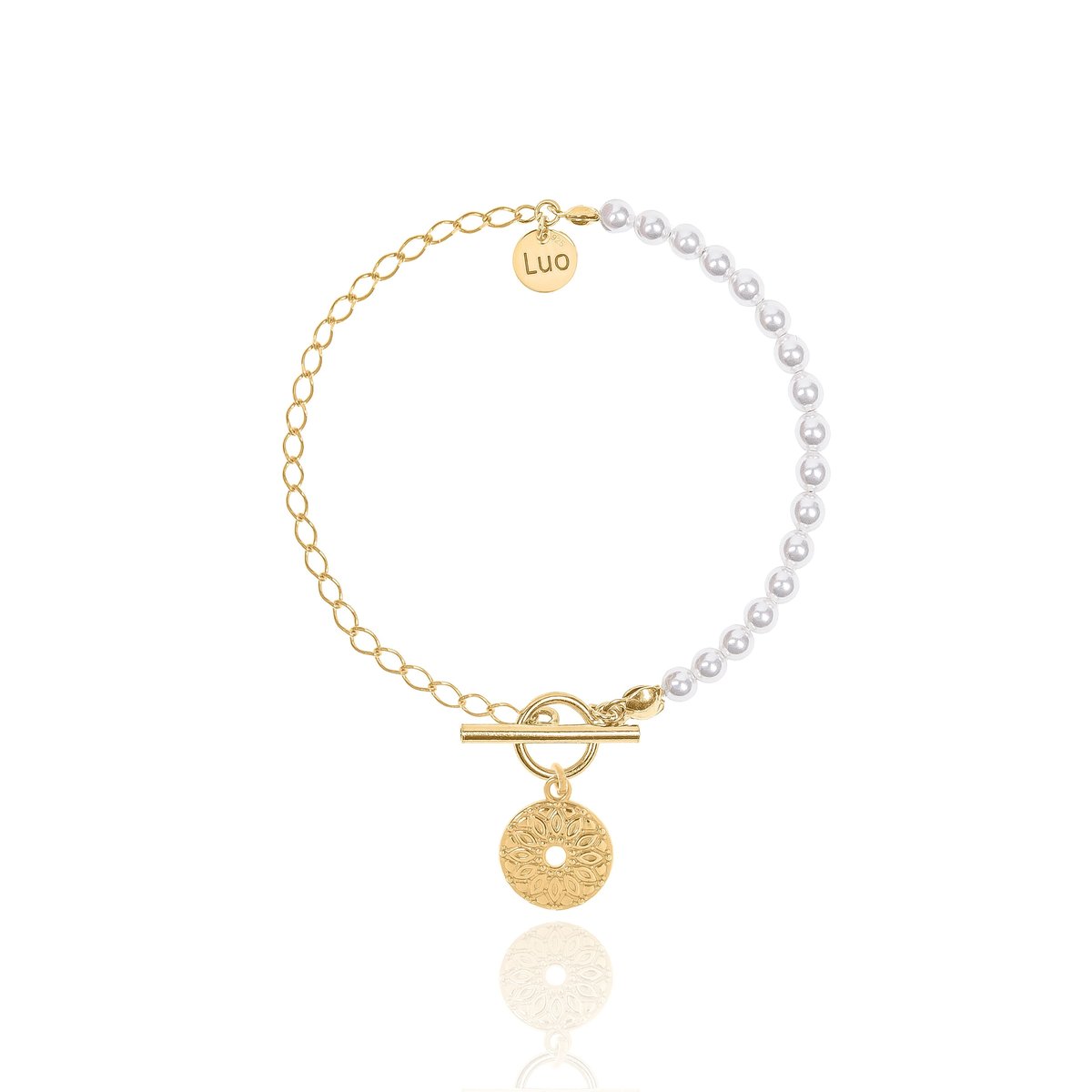 Bransoletka srebrna pozłacana z perłami i mandalą