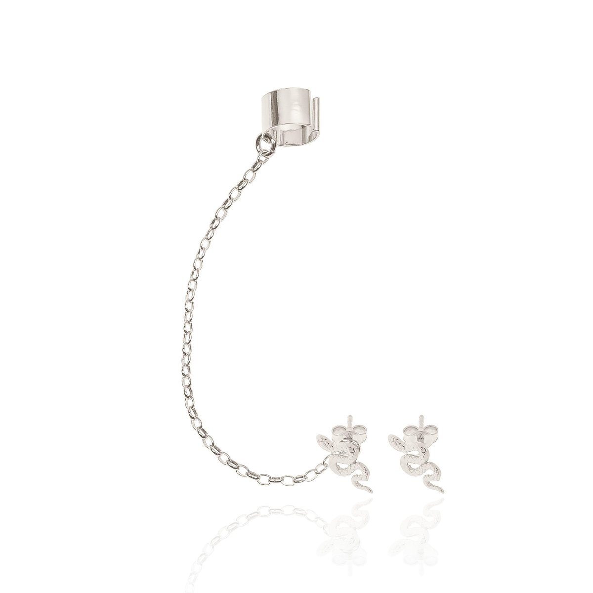 Nausznica srebrna z łańcuszkiem i kolczykami wężami