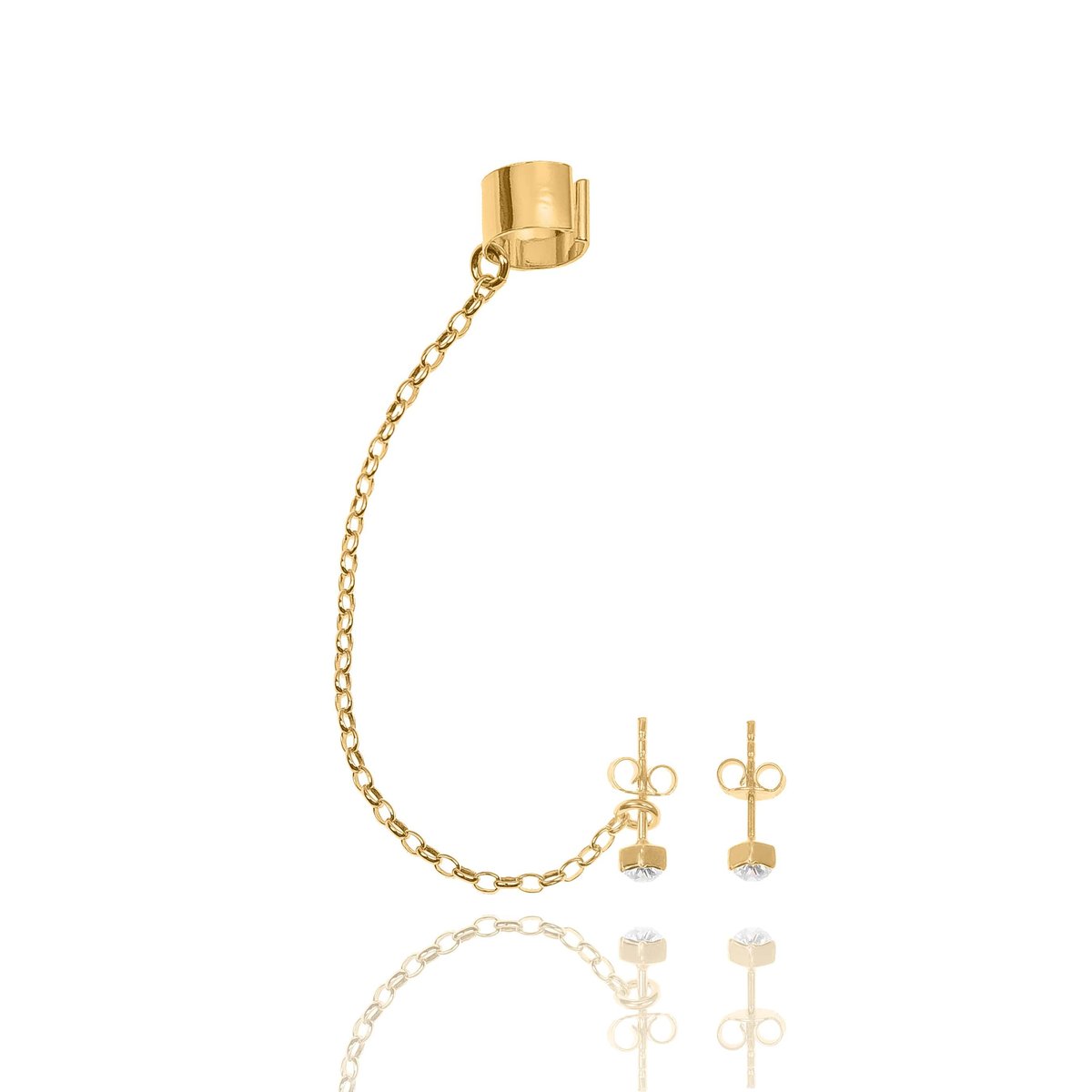 Nausznica srebrna pozłacana z łańcuszkiem i kolczykami z kryształkami