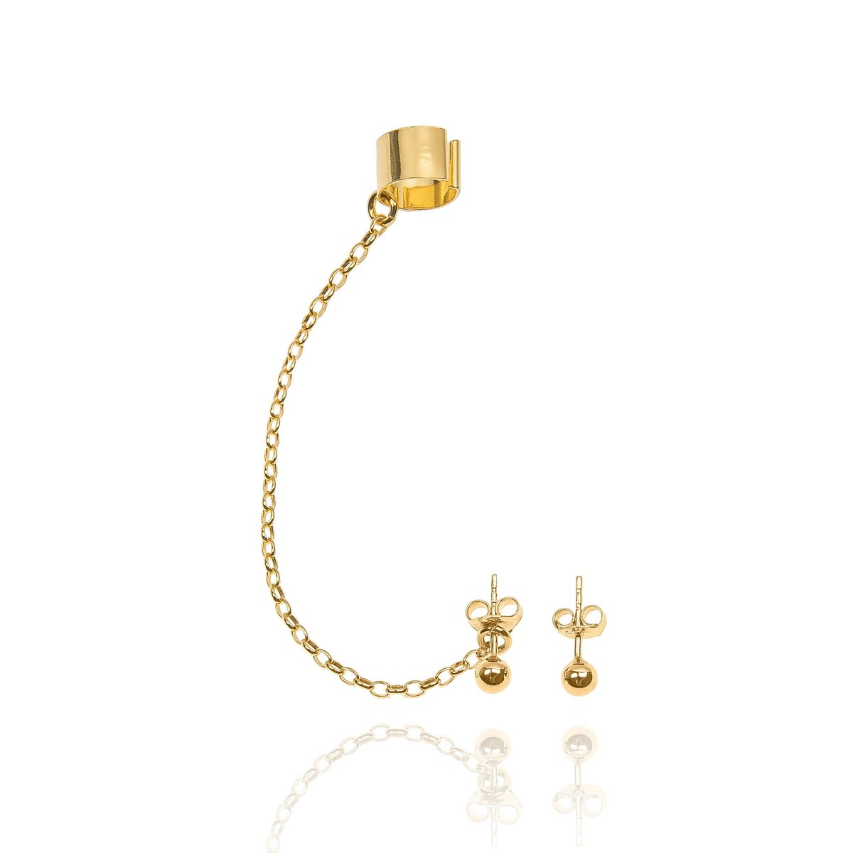 Nausznica srebrna pozłacana z łańcuszkiem i kolczykami kuleczkami