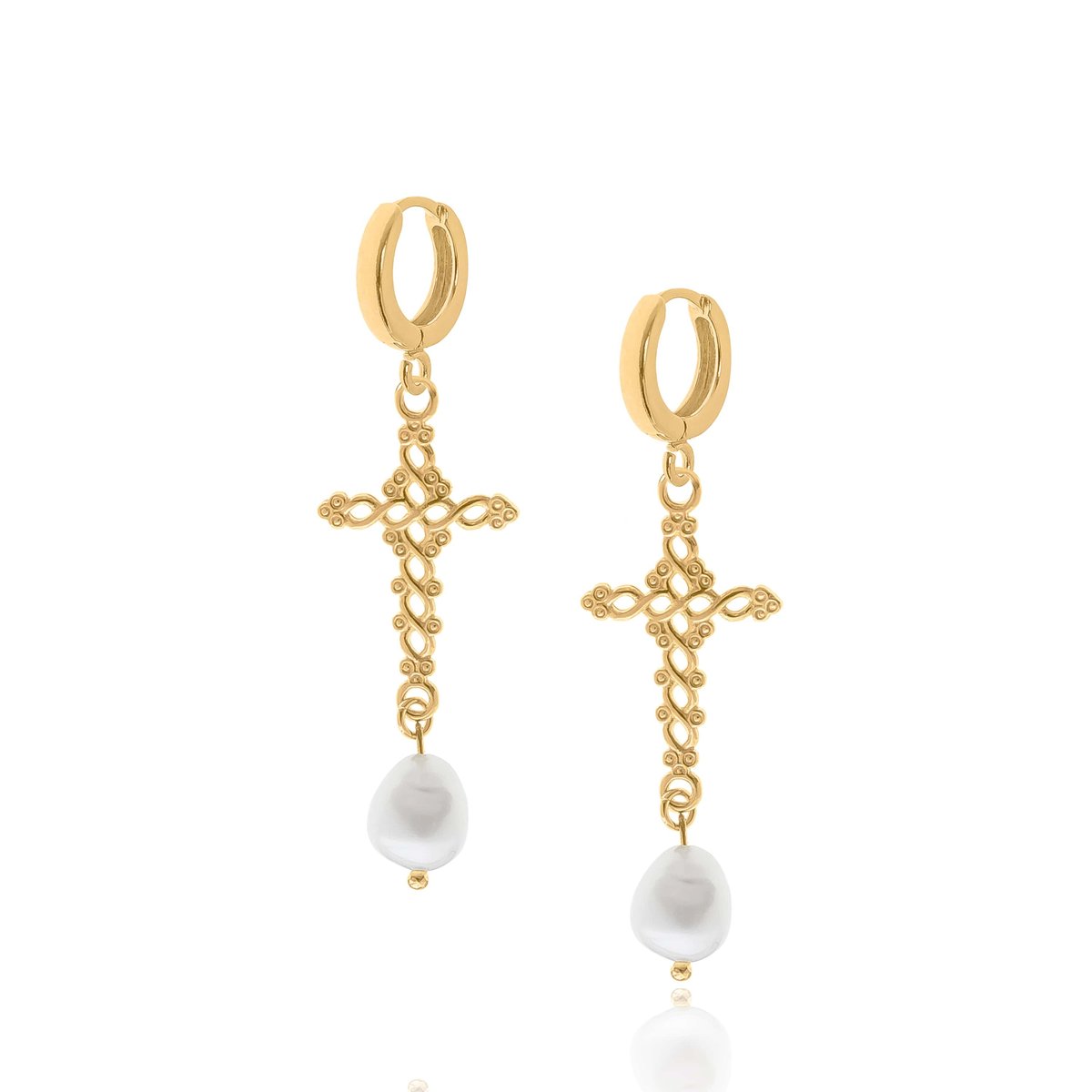 Kolczyki srebrne pozłacane z krzyżami i naturalnymi perłami