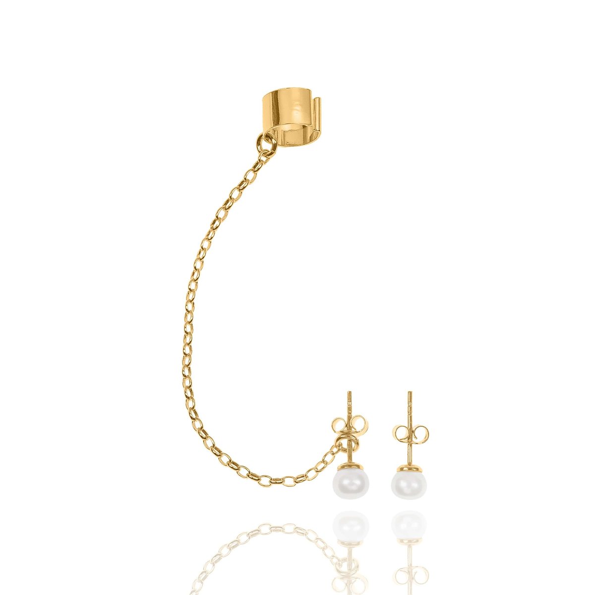 Nausznica srebrna pozłacana z łańcuszkiem i kolczykami perełkami