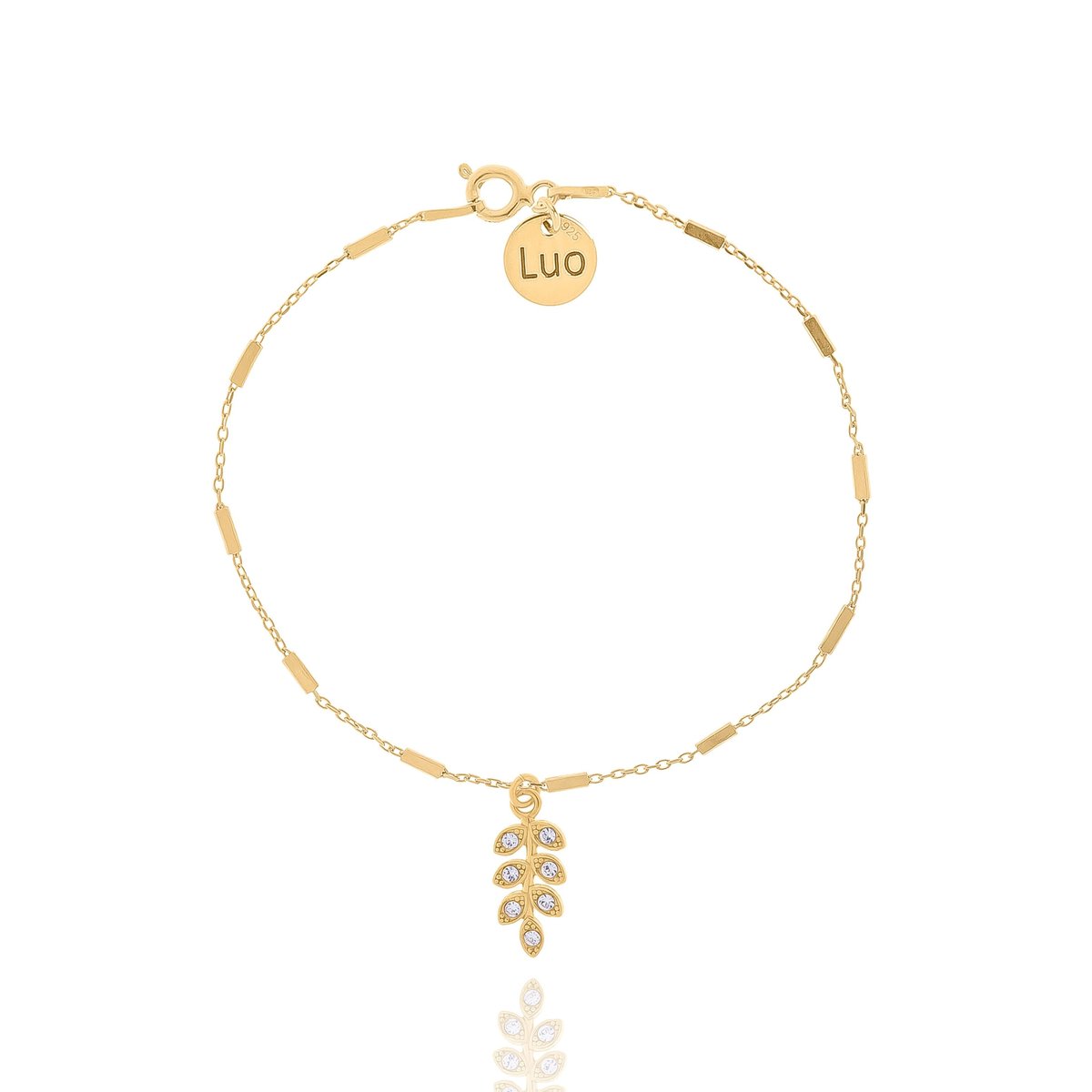 Bransoletka srebrna pozłacana z prostokątami i listkiem z kryształkami