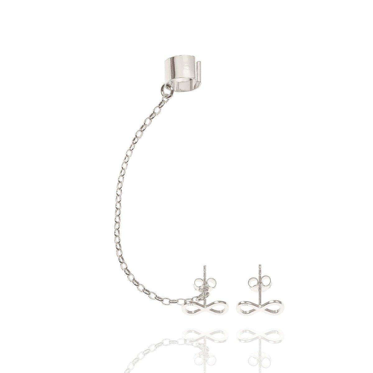 Nausznica srebrna z łańcuszkiem i kolczykami z nieskończonościami