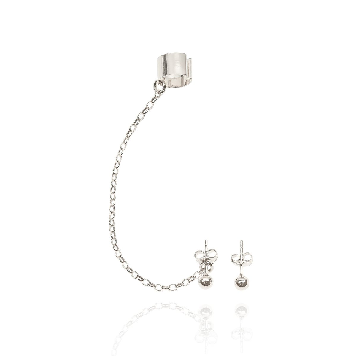 Nausznica srebrna z łańcuszkiem i kolczykami kuleczkami