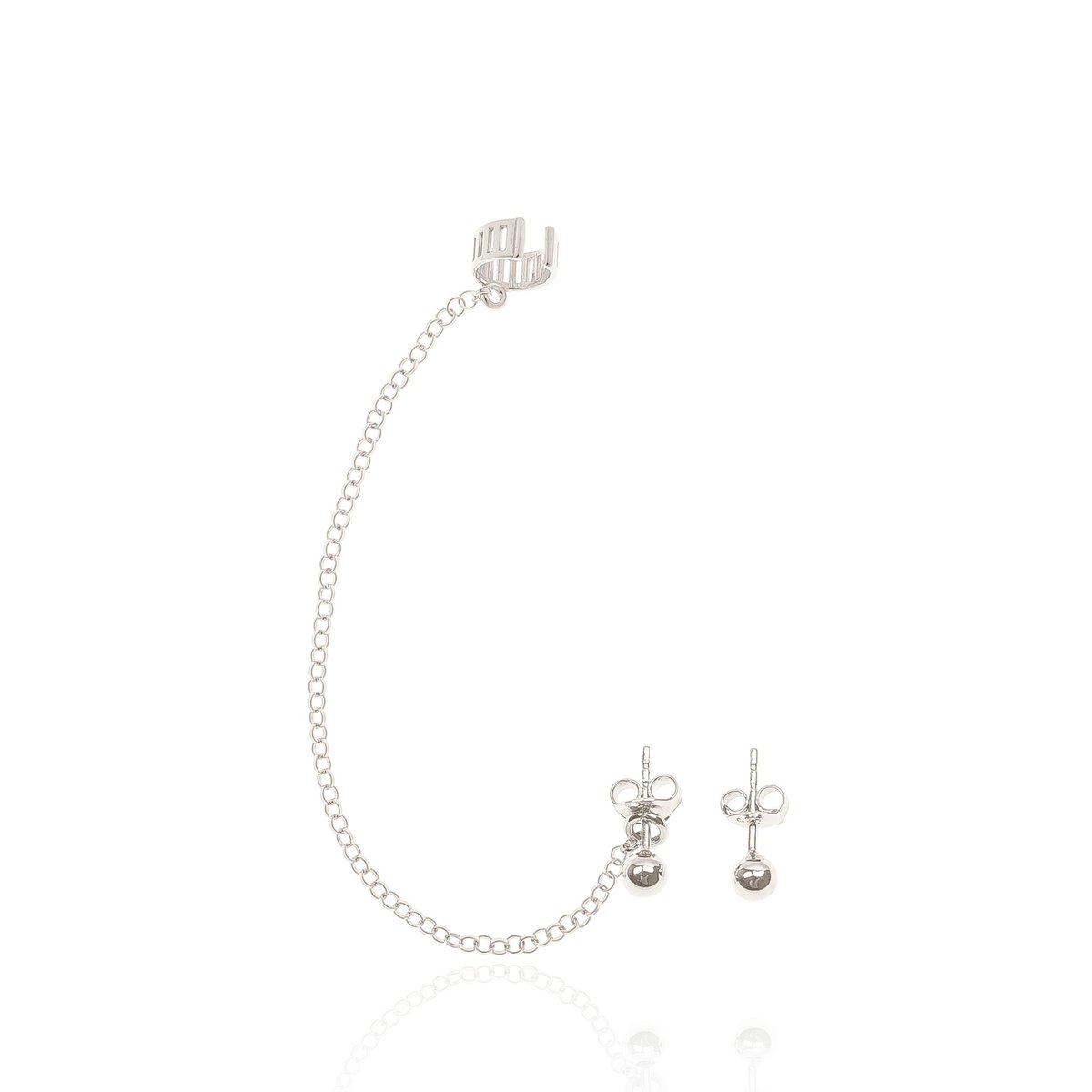 Nausznica srebrna ażurowa z łańcuszkiem i kolczykami kuleczkami