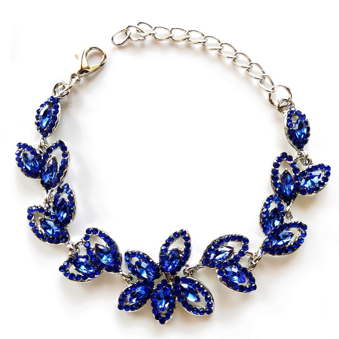 BRANSOLETA LISTKI kwiatowa niebieska ŚLUBNA srebro