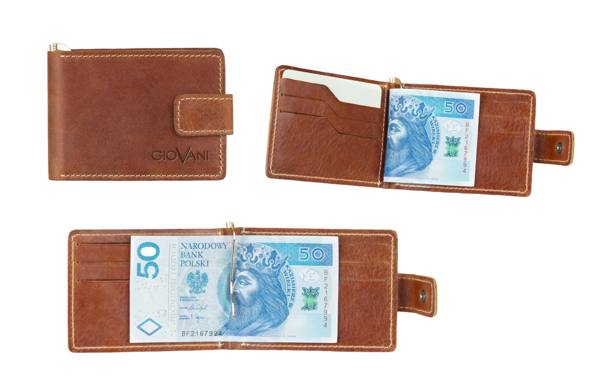 Skórzany mały portfel męski Patrick, banknotówka z klipsem, skóra juchtowa